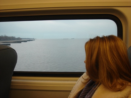 Mandy looking out at the Raritan Bay from the train